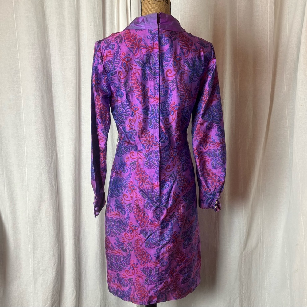 Vintage Jarin Thai Silk President Hotel Midi Dress Purple Blue Print Sz Small 8 - Picture 2 of 8